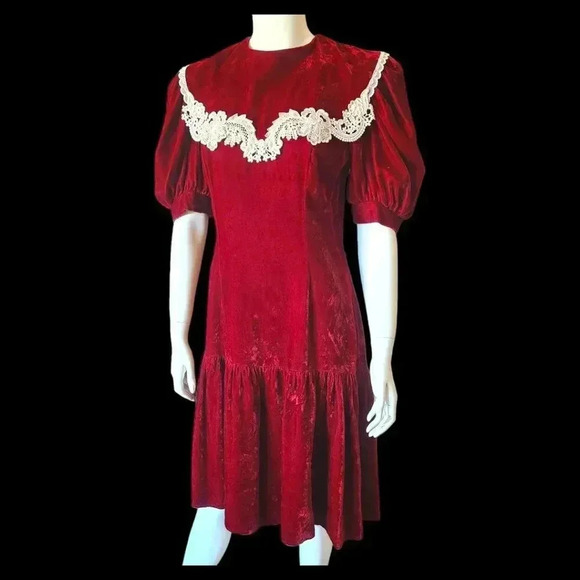 VINTAGE 80s Gunne Sax Red Velvet & Lace Midi Party Dress M - Picture 5 of 15